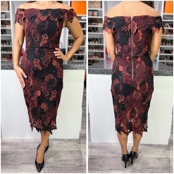 ABS Allen Schwartz Maroon Black Lace Off Shoulder Midi Dress $225 - Picture 1 of 10